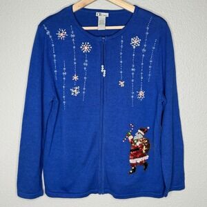 CB Career Blue Santa Snowflake Beaded Christmas Cardigan Sweater Holiday Women L
